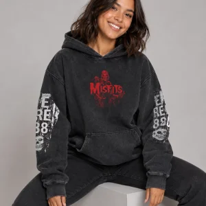 Horror Punk Skull Graphic Hoodie, Vintage Washed Black Grunge Streetwear Sweatshirt for Alternative Fashion, Halloween & Concert Outfits