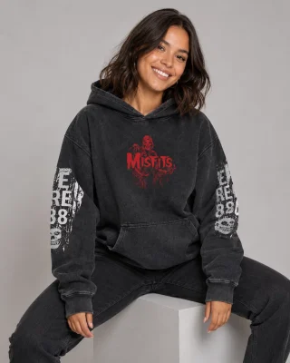 Horror Punk Skull Graphic Hoodie, Vintage Washed Black Grunge Streetwear Sweatshirt for Alternative Fashion, Halloween & Concert Outfits