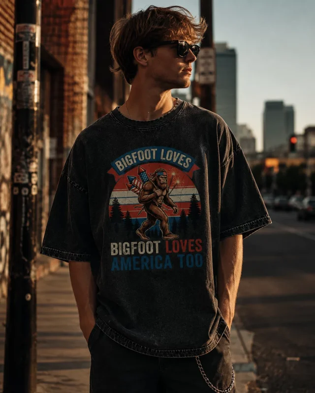 Bigfoot Loves America Patriotic Vintage Graphic Unisex T-Shirt