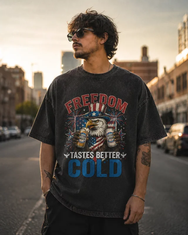 Freedom Tastes Better Cold Patriotic Vintage Graphic Unisex T-Shirt