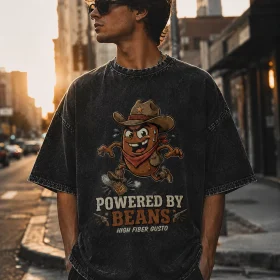 Powered By Beans Western Vintage Graphic T-Shirt for Men Funny Cowboy Food Humor Tee