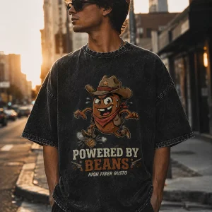 Powered By Beans Western Vintage Graphic T-Shirt for Men Funny Cowboy Food Humor Tee