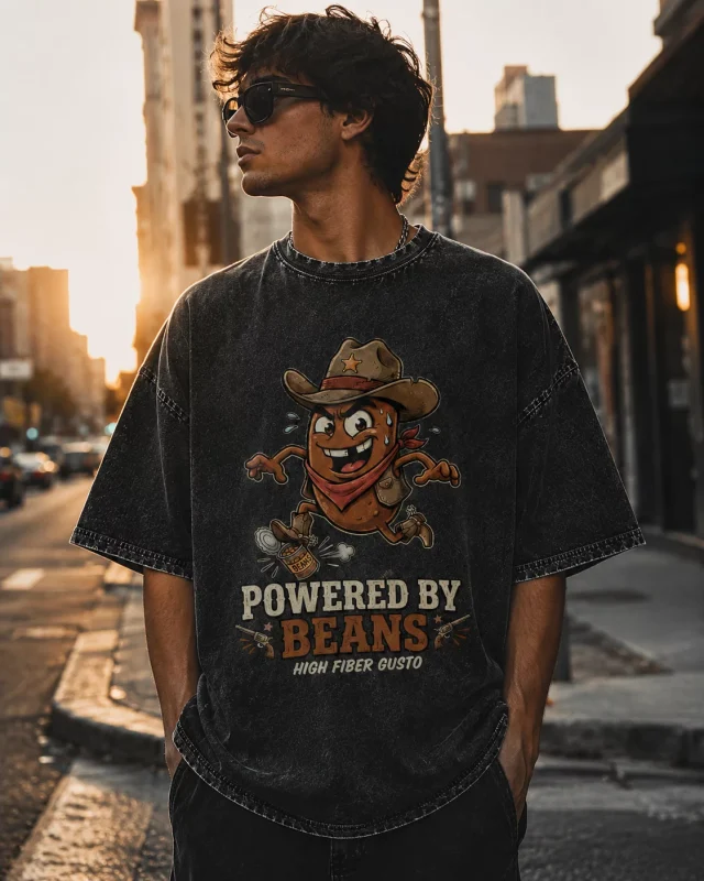 Powered By Beans Western Vintage Graphic T-Shirt for Men Funny Cowboy Food Humor Tee