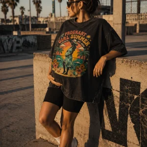 Pregnant Girl Summer Tropical Vintage Graphic T-Shirt for Women Mom To Be Beach Vacation Tee